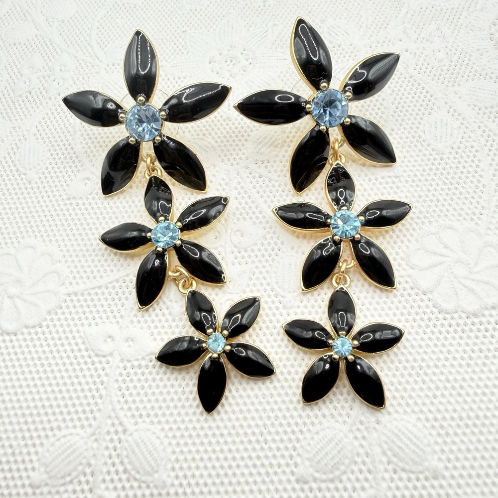 Vintage Black Enamel Triple Flower & Blue Rhinestone Dangle Pierced Earrings
